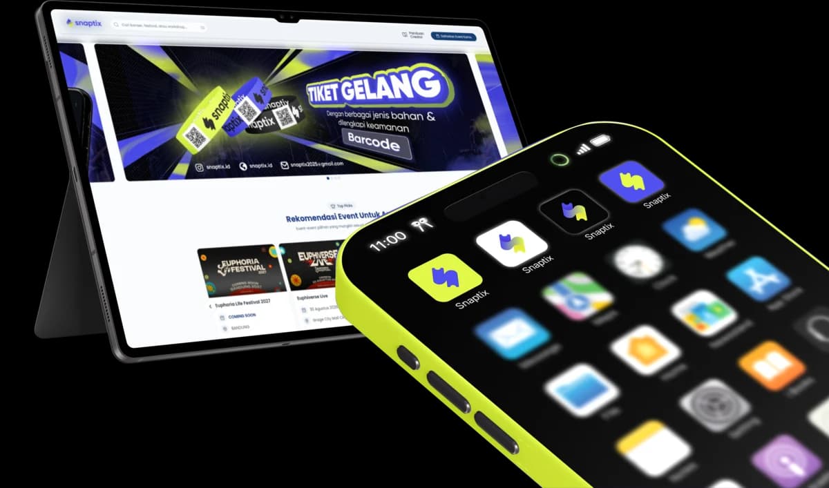 Snaptix event ticketing experience shown across web and mobile interfaces